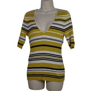 Express Striped Plunge V-Neck Ribbed Knit Top Women Size L Yellow Gold Short Slv
